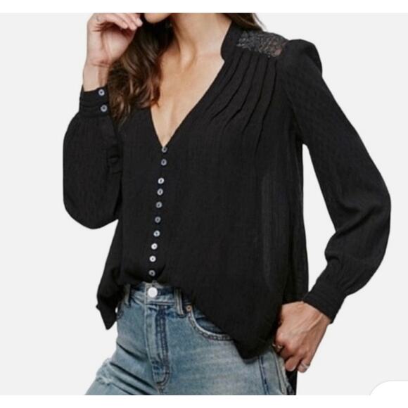 Free People Black Canyon Rose High Low Button Down Blouse Peasant Top Large - Picture 1 of 9